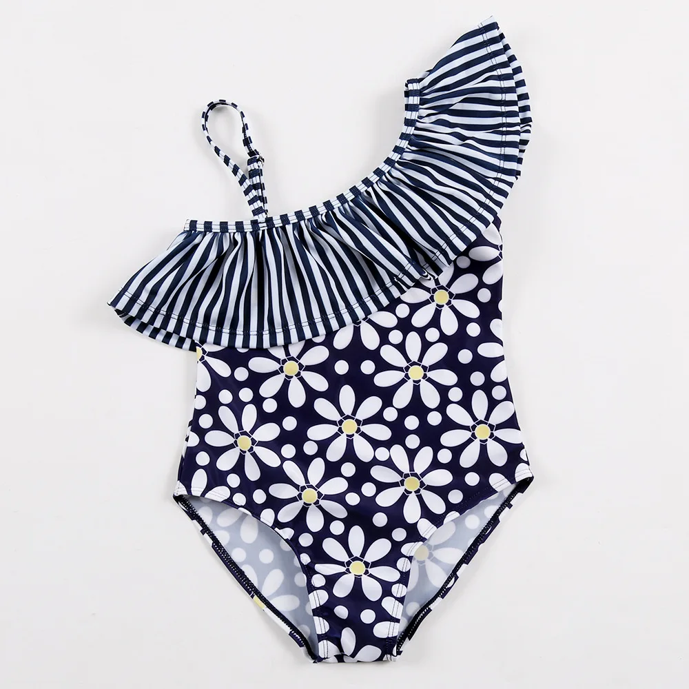 

New 2019 Girls One Piece Swimsuits Navy Print Flowers Pattern Swimwear Children Baby Girl Swimming Suit Kids Bathing Suits 3-8Y