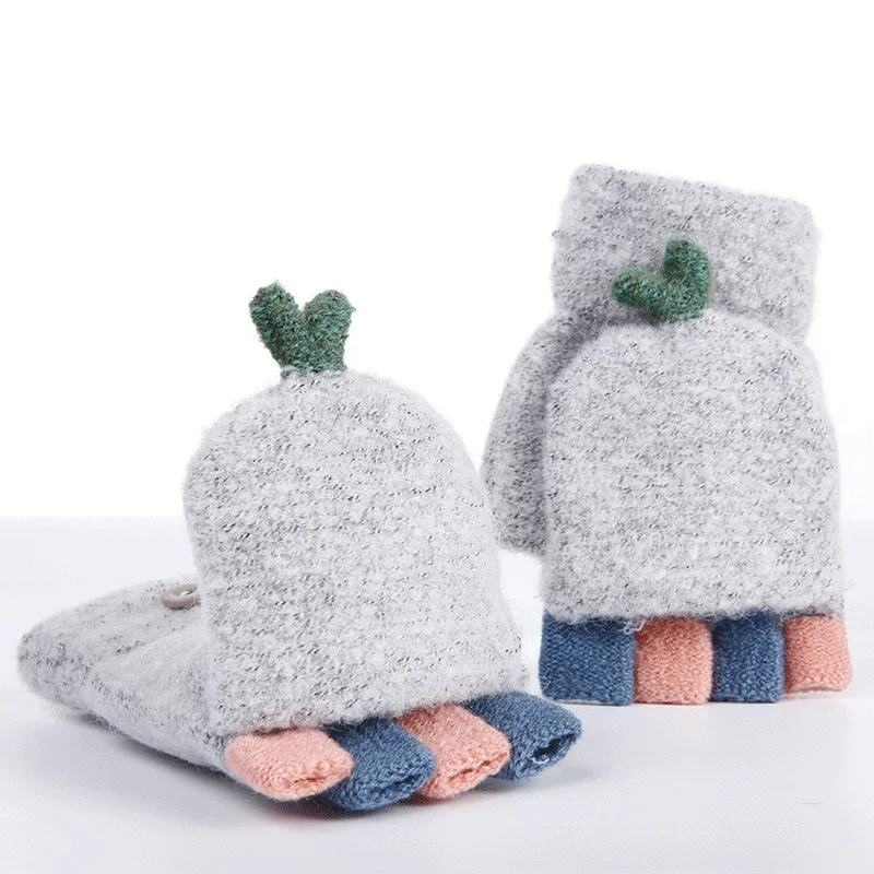Милые зимние перчатки теплые шерстяные флип-топ перчатки флокированные теплые вязаные перчатки для девушек и женщин - Цвет: gray