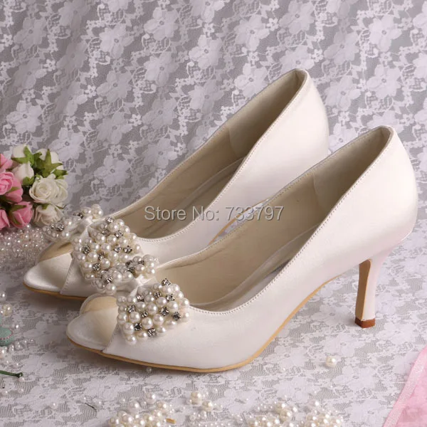 Women Shoes Wedding Elegant Pearls Bowknot Peep Toe Plus Size Heels Prom Shoes