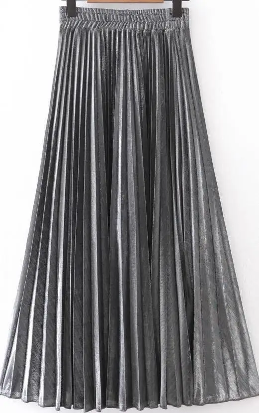 Весна новое поступление Высокая талия плиссе в гармошку юбка корейский стиль винтажная Юбка Faldas Largas Elegantes - Цвет: Серебристый