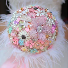 8-inch custom bridal bouquet,DIY brooch bouquet, pink handmade wedding bouquet, ostrich feather embellishment small flowers