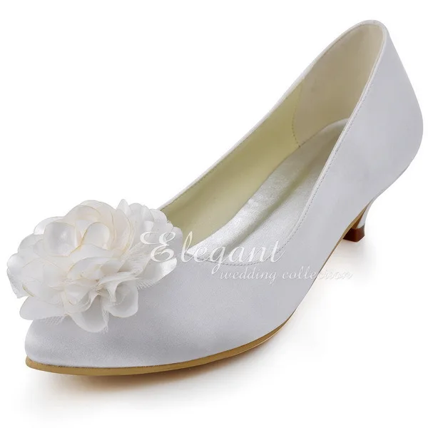 

EP2093 White Women Pointed Toe Flower Low Heel Plus Size Comfortable Bride Pumps Satin Lady Wedding Bridal Shoes Ivory