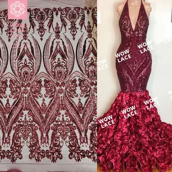 

Burgundy Color Sequins Net Lace Fabric For Indian Guinea Wedding Bride Dresses Sewing Material Sequined Embroidered Wine Laces