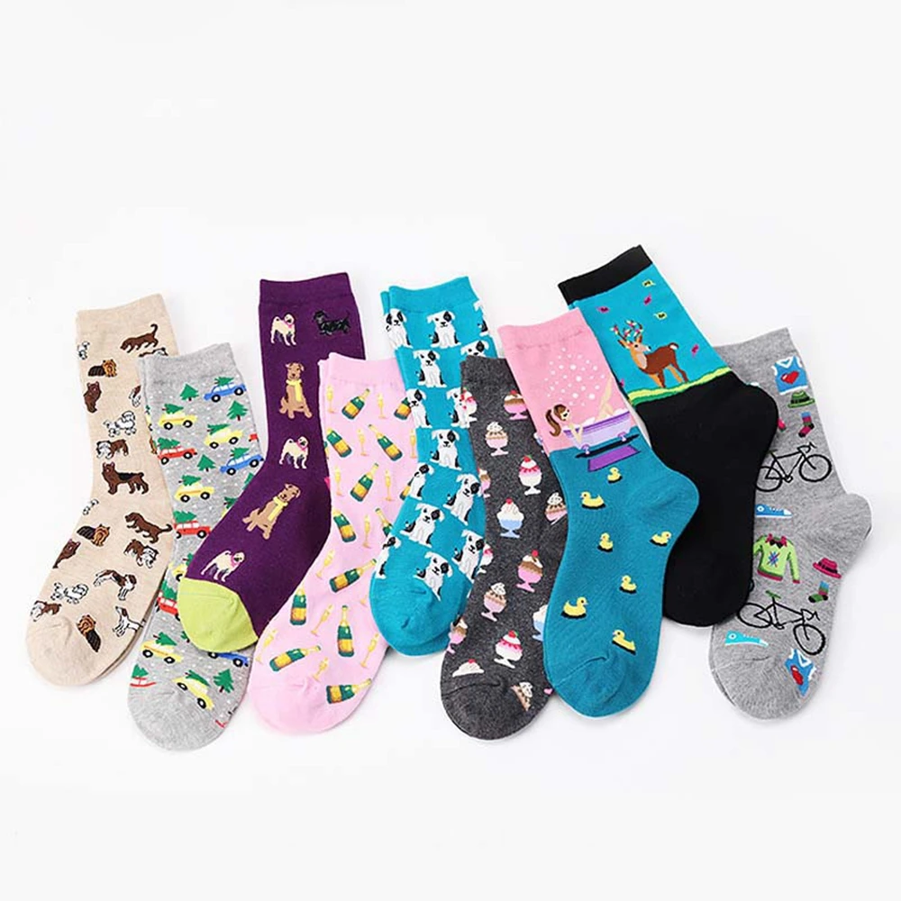 

2019 New Harajuku Women's Korean Fresh Cute Socks Cartoon Animals Fish/Pug Kawaii Creative Jacquard Design Women Funny Art Socks