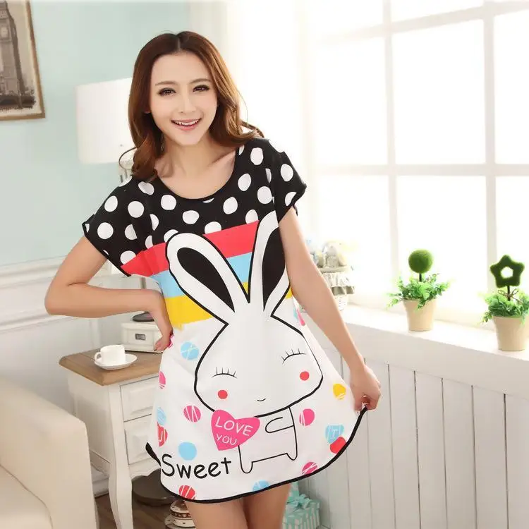 Cartoon Panda Rabbit Mini Dress Animal Sleep tops Women Casual Loose Cotton Long Big Size T-shirt Nightgown Sleepwear
