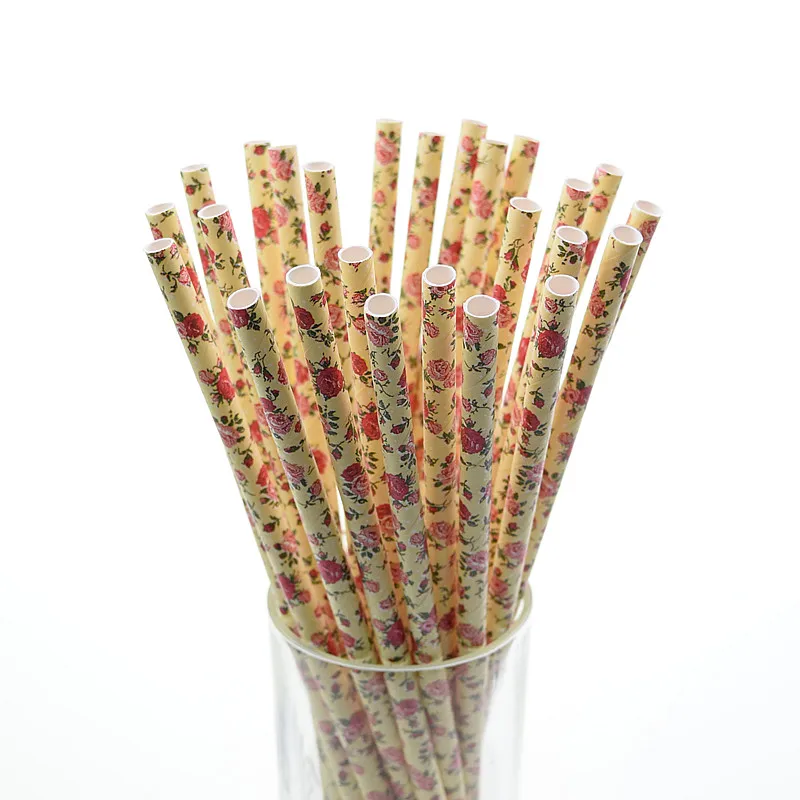 125pcs Yellow Rose Paper Straws For Kids Birthday Party Wedding Decoration Tubes for the cocktail Christmas Drinking Straws