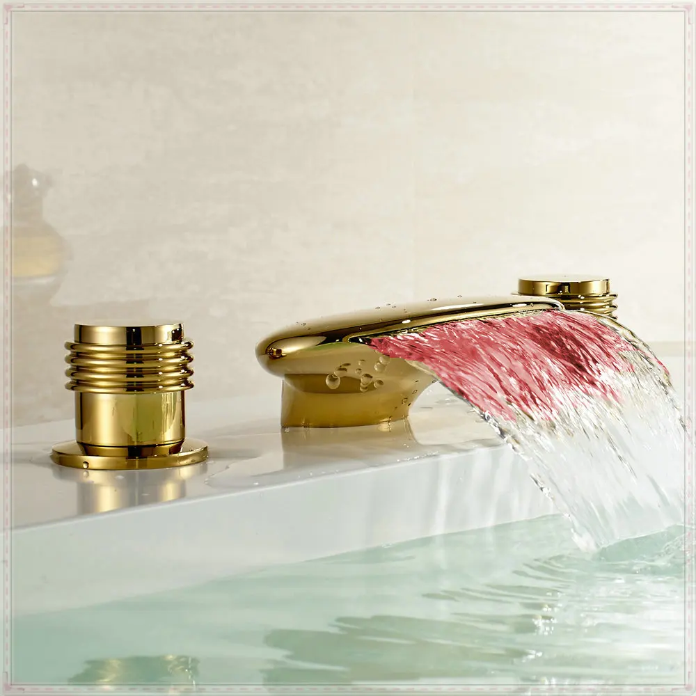 LED Light Waterfall Spout Bathtub Filler Faucet Widespread Mixer Tap Gold Finish vasos for jillkets electric water heater | Обустройство