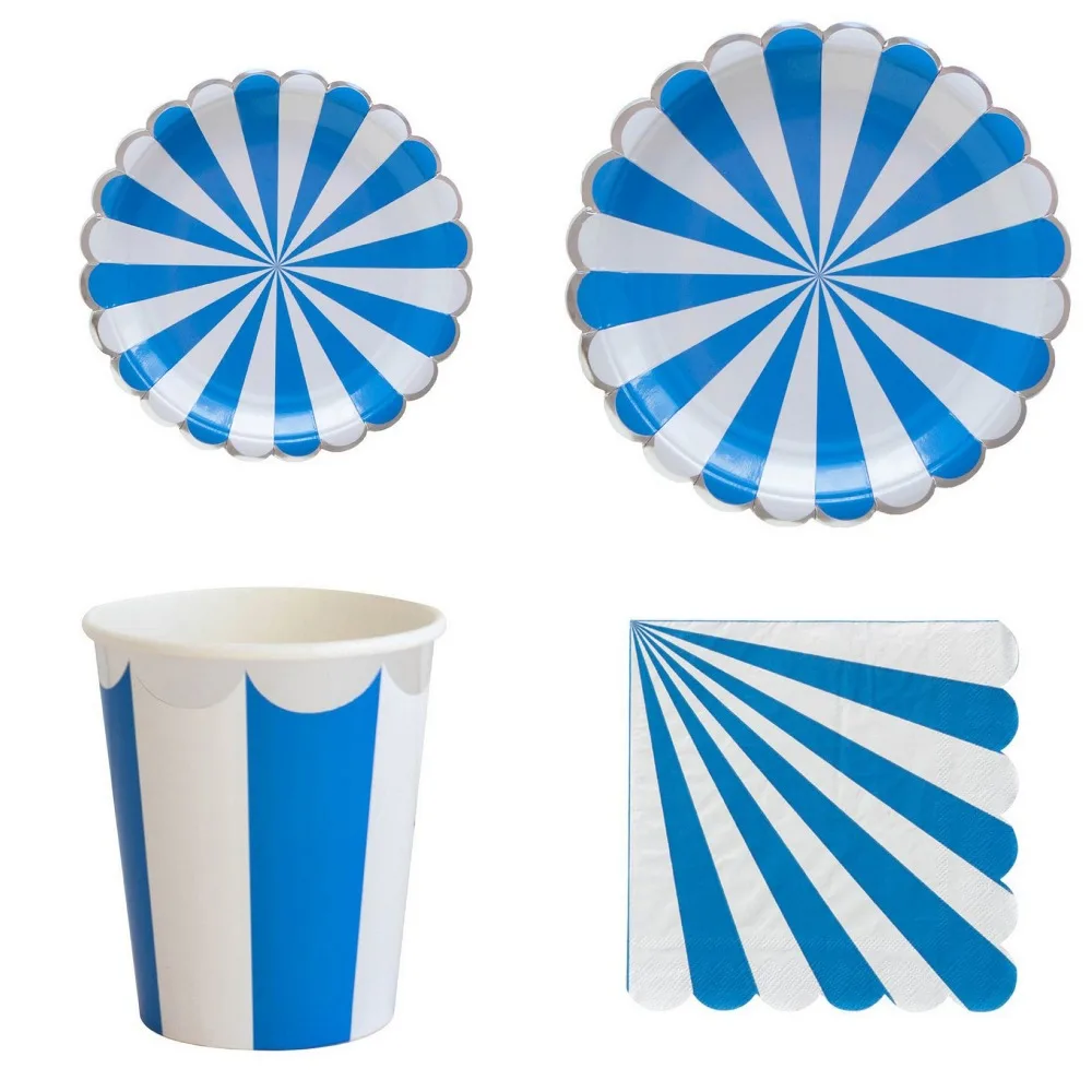 Party Blue Striped Disposable Tableware Straws Paper Plates Cup Plate