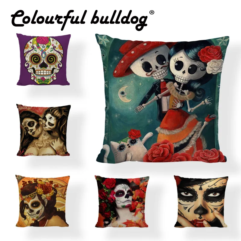 

Sugar Maxican Skull Cushion Cover Game Chair 45*45Cm Square Striped Flower Guitar Decorate Party Living Room Sunset Pillowcase