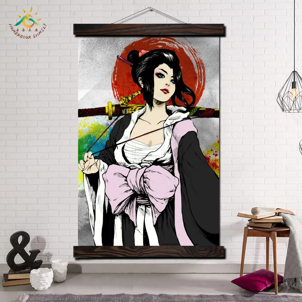 

Geisha Samurai Vintage Posters and Prints Scroll Painting Canvas Art Wall Pictures Frame Painting Home Decoration