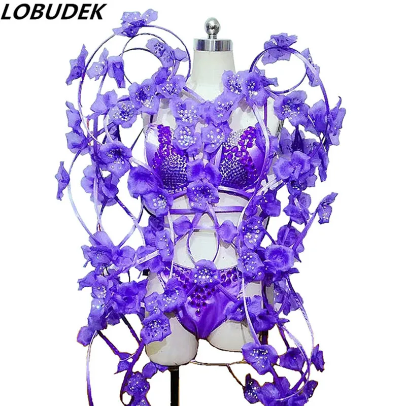 

Sexy Purple Crystals Bikini Petal Skirt Nightclub Female DJ Singer 3 Piece Outfit Bar Party Nightclub Clothes Dance Show Costume