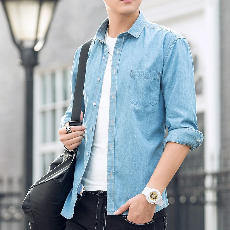 

2019 casual denim shirt men long sleeve luxury big size cotton