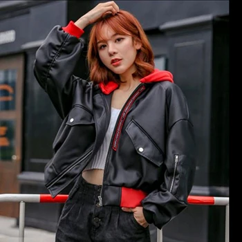 

SWYIVY Spring And Autumn New Women's Short Leather Hooded Detachable Handsome Leather Jacket Big Size Jacket Casual PU Leather