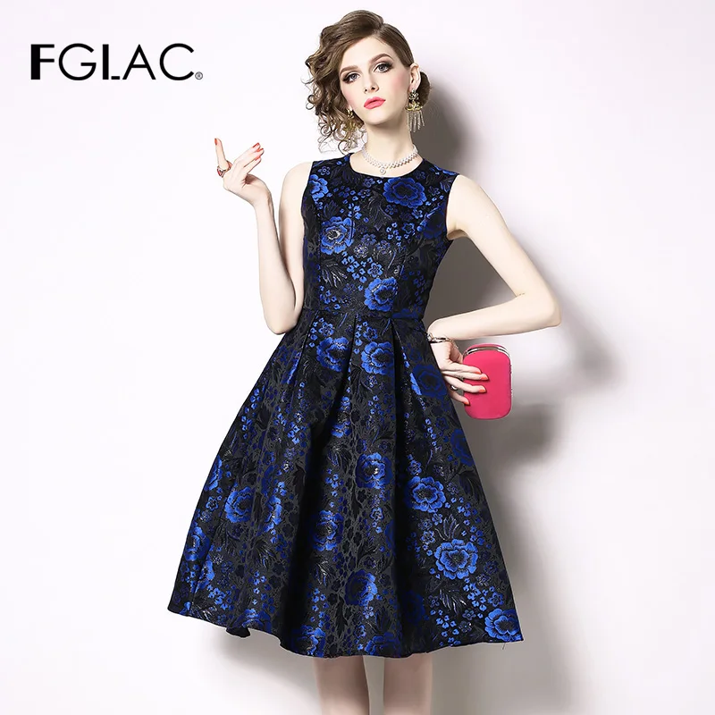 

New vintage elegant dress vestidos temperament slim dresses high waist flower Sleeveless party dress jacquard summer dress women