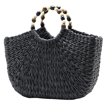 

BEAU-Womens Vintage Straw Woven Handbags Casual Beach Vacation Tote Bags With Beads Handle
