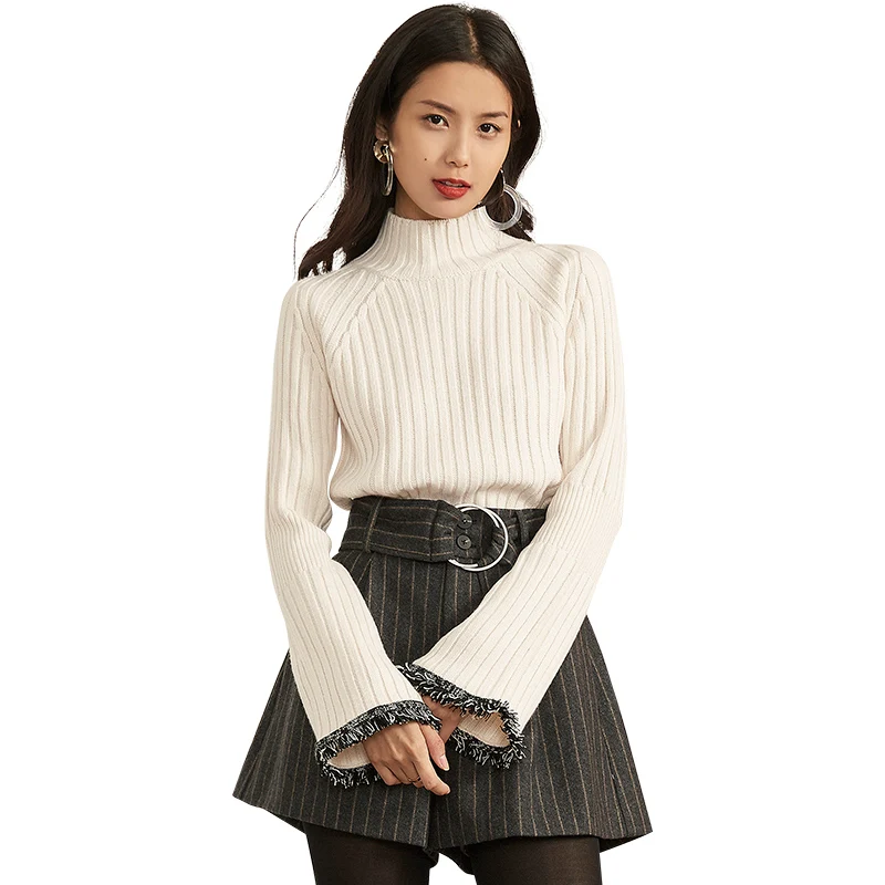 FANSILANEN 2017 Fashion New Arrival Autumn/Winter Novelty Women Solid Beige Flare Sleeve Sweater And Pullovers Z72166