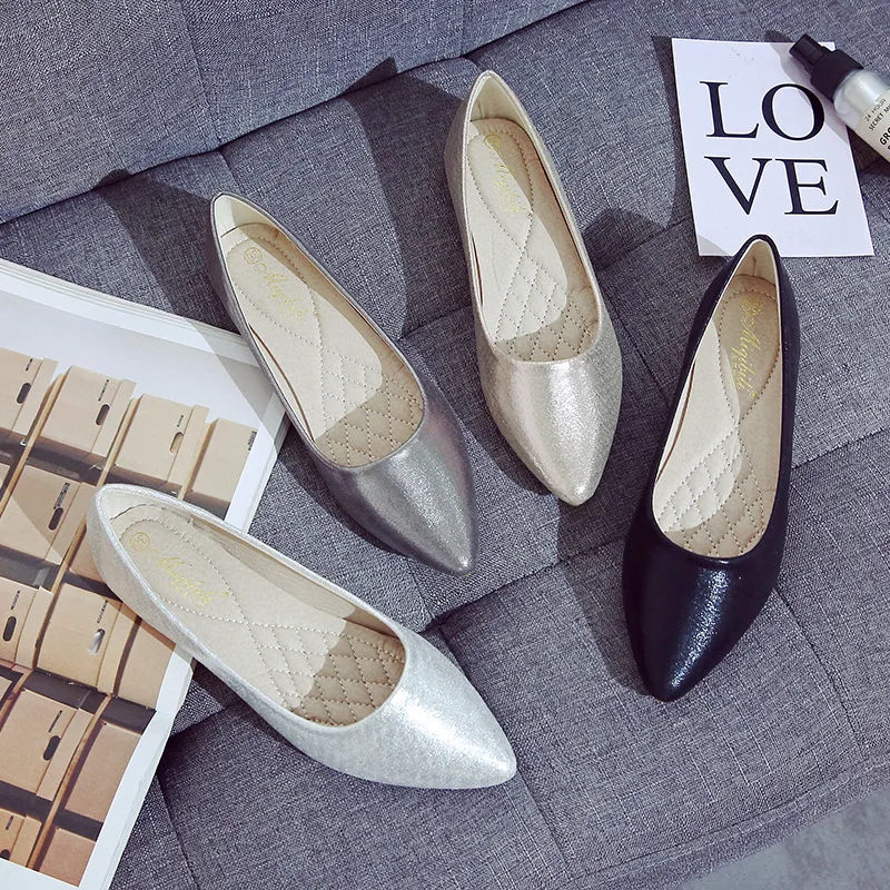 

Woman Shoes Shallow Loafers Ballet Flats Shoes Simper Pointed Toe Slide Casual Big Size Slip on Sandals Black Silver Gold Bronze
