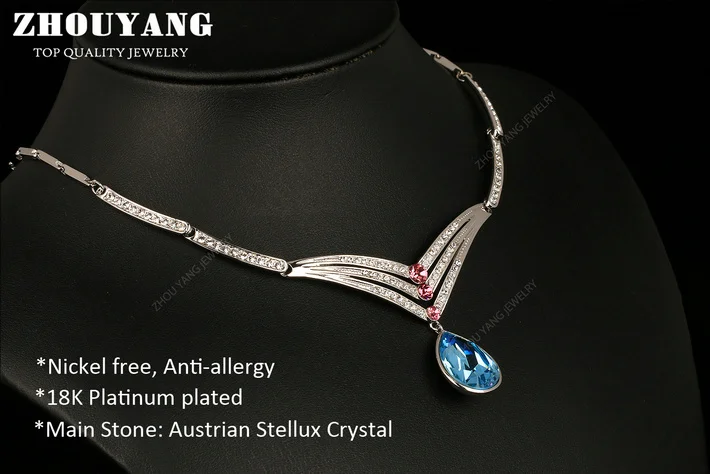 ZHOUYANG ZYN566 Silver Color Water Drop Blue Crystal Wedding Necklace with Top Grade Marquise-cut CZ Bridal Necklace