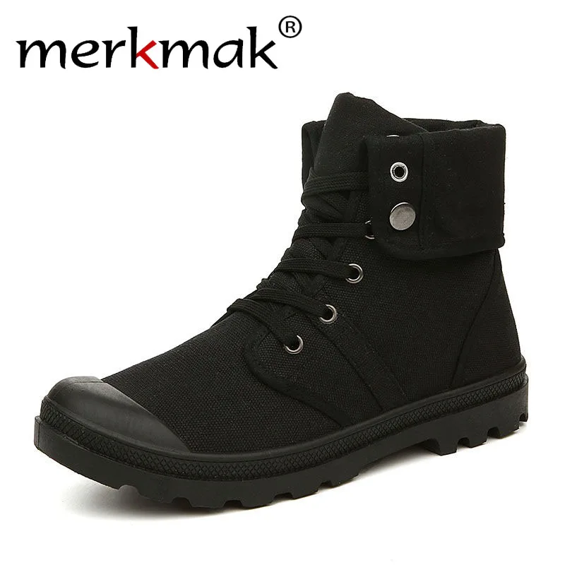 Merkmak/парусиновая обувь; мужские ботинки для отдыха с высоким берцем; мужские ботильоны на плоской подошве; Повседневная обувь; сезон весна-осень; цвет синий; - Цвет: full black shoes