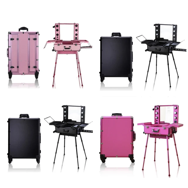 Professional Aluminum makeup case with 6 light,mirror,trolley and legs station Lighted Makeup