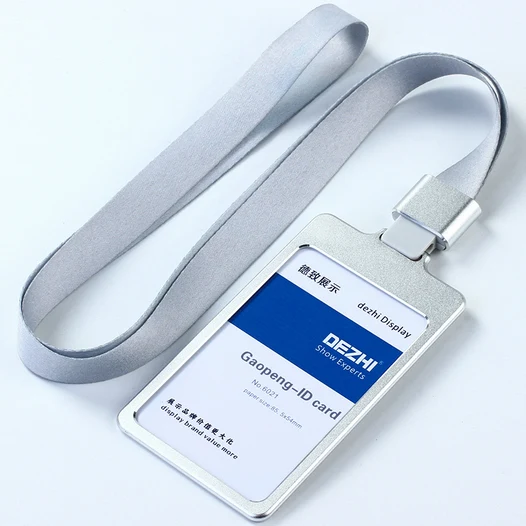 DEZHI High Gloss Business ID Card Holder with 1.5cm Neck Strap,Metal Name Card Case with Lanyard,Customize LOGO Badge Holder silver set