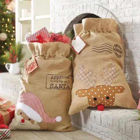 

50pcs/lot burlap santa sack Christmas santa gift bags 2 styles stock good quality Christmas tree decoration santa sack bag