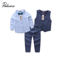 Джентльменский комплект модной одежды из 3 предметов для мальчиков, жилет с галстуком-бабочкой синие рубашки костюм с длинными штанами осень-весна, От 2 до 7 лет