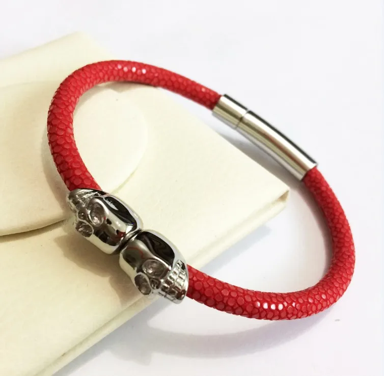 Northskull браслеты из нержавеющей стали с двумя черепами браслеты для мужчин и женщин браслет из натуральной кожи ската ювелирные изделия подарок - Окраска металла: red silver