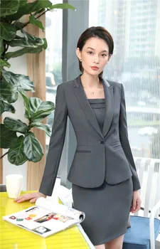 

High Quality Fabric Elegant Grey Slim Fashion Blazers Suits With Jackets And Dress Women Business Work Wear Ladies Sets
