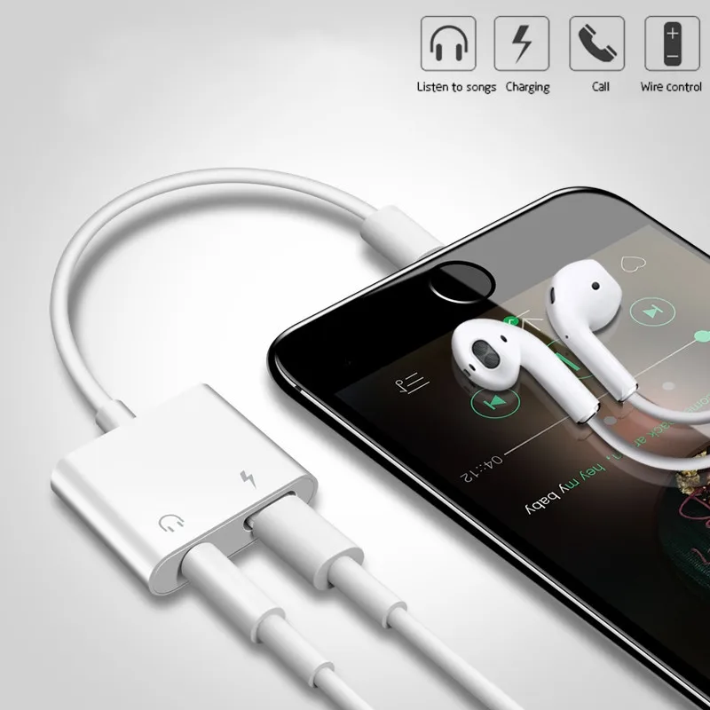 

2 in1 Lighting to 3.5mm Headphone Jack Audio Converter Splitter Earphone Aux Cable Adapter For iPhone X 7 8 Plus XS XR Charging