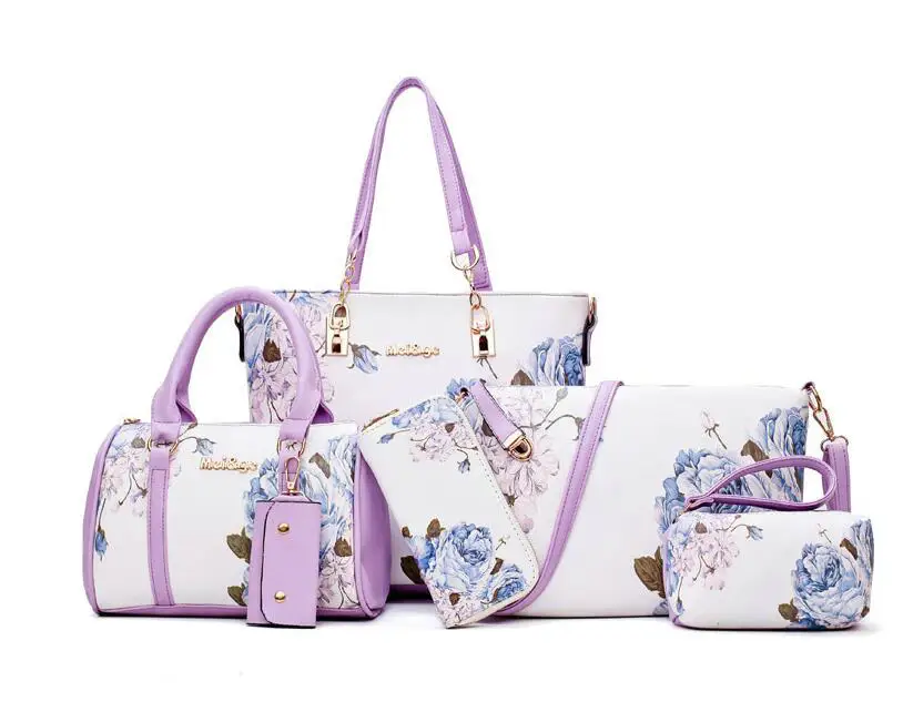 Online New Arrivals 6pcs Set Fashion Women Handbags Prints PU Leather Composite Bag Clutch Set Large Shoulder Bag Purse Female