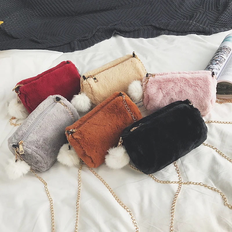 Hot Barrel Shaped Bag Velour Female Chain Handbag Fur Ball Women Purse Crossbody Messenger Shoulder Bags Sac A Main mujer bolsaIMG_5229