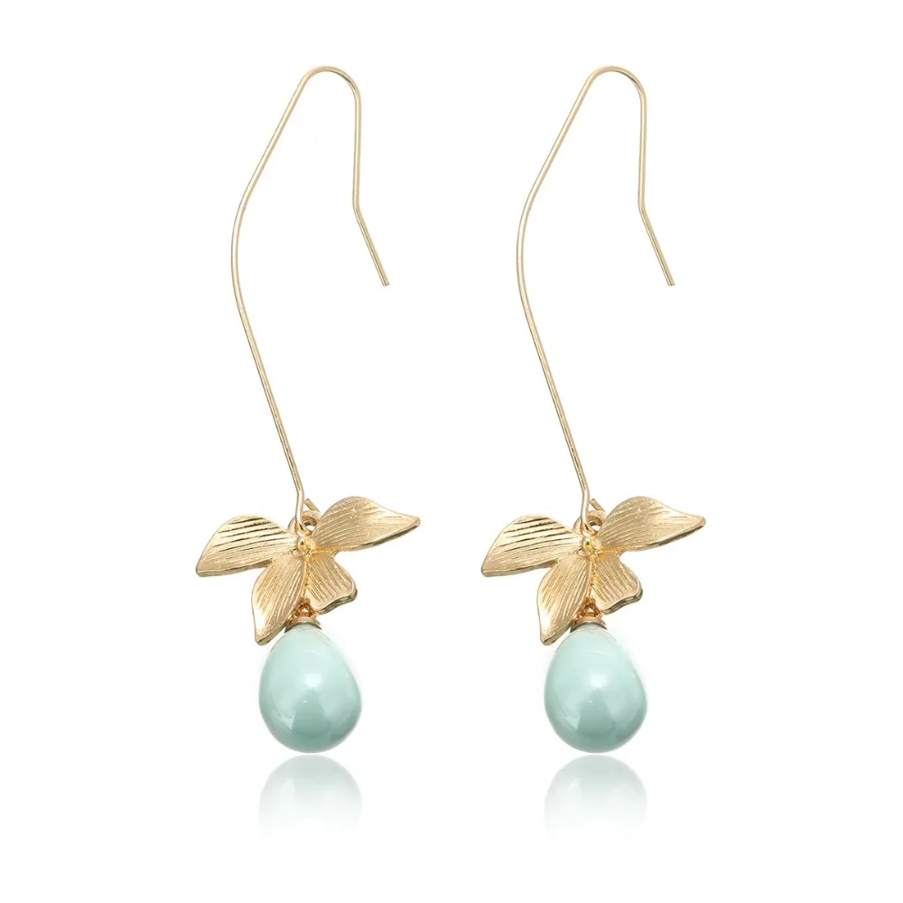 

Orchid Flower Simulated Green Pearl Hook Dangle Earring Women's Fashion Bohemian Style Gold Color Dangle Ear Piercing Jewelry