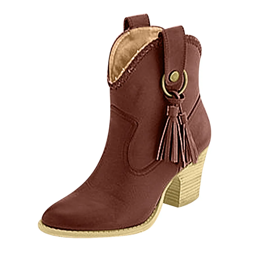 

2019 brown boots shoes woman Winter Warm Fringed Booties Add Fur Large Size Square Heel Knight Boots High Heels Women's Shoes