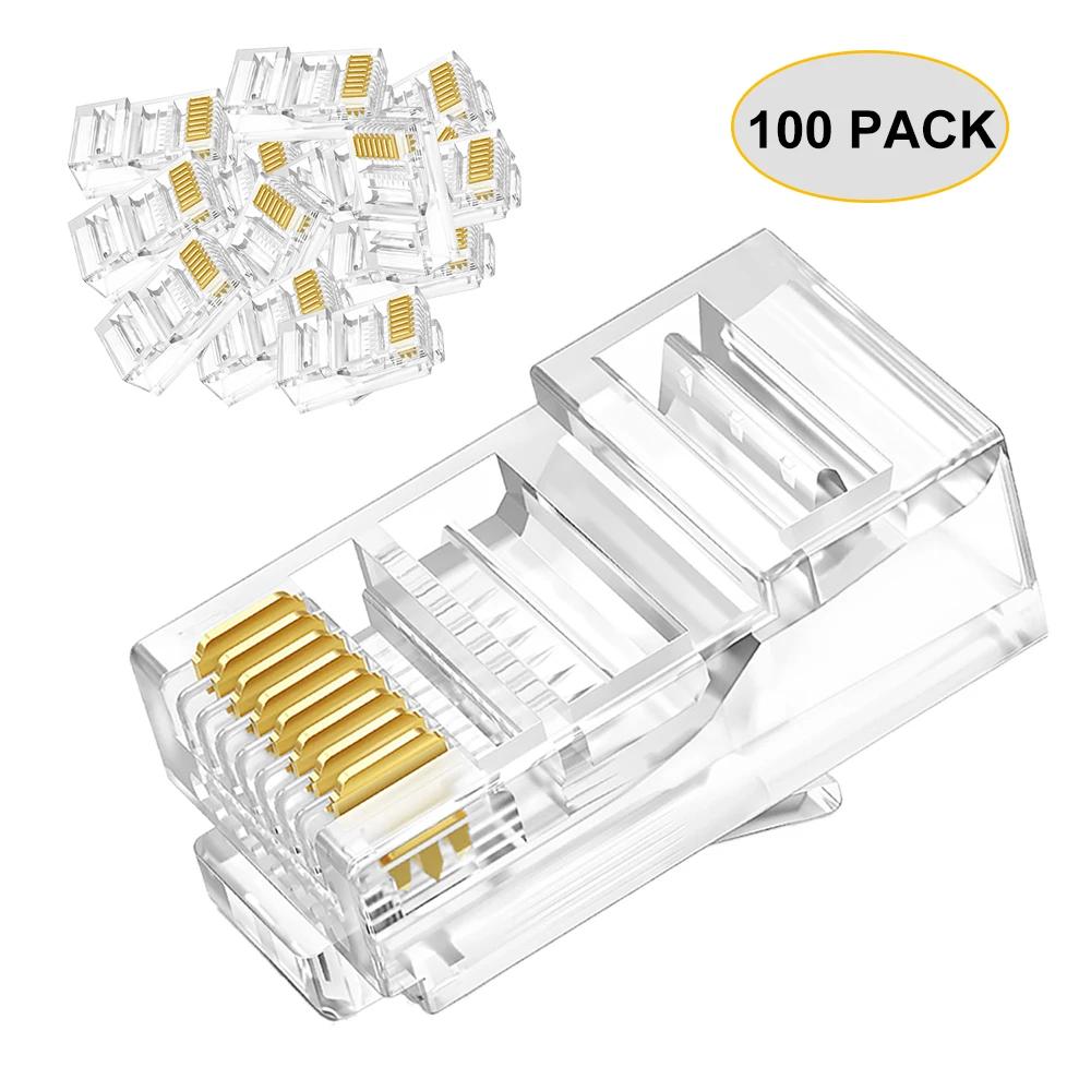 

100-pack RJ45 Conductor Data Cable connectors Cat6 Cat5E Connector Network Plug Crystal 8P8C RJ45 Ends Ethernet Crimp Connector