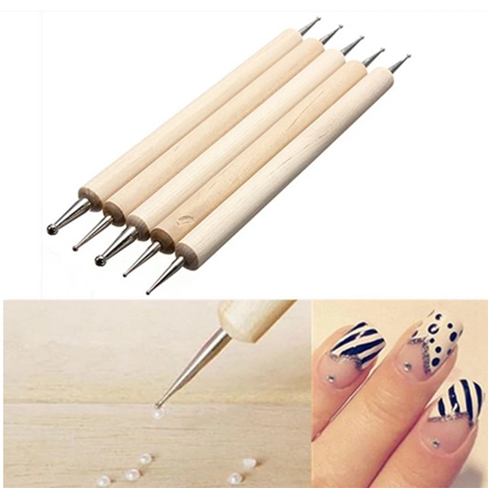 5Pcs/set 2 Way Wooden Dotting Pen Marbleizing Tool Nail Art Dot Dotting