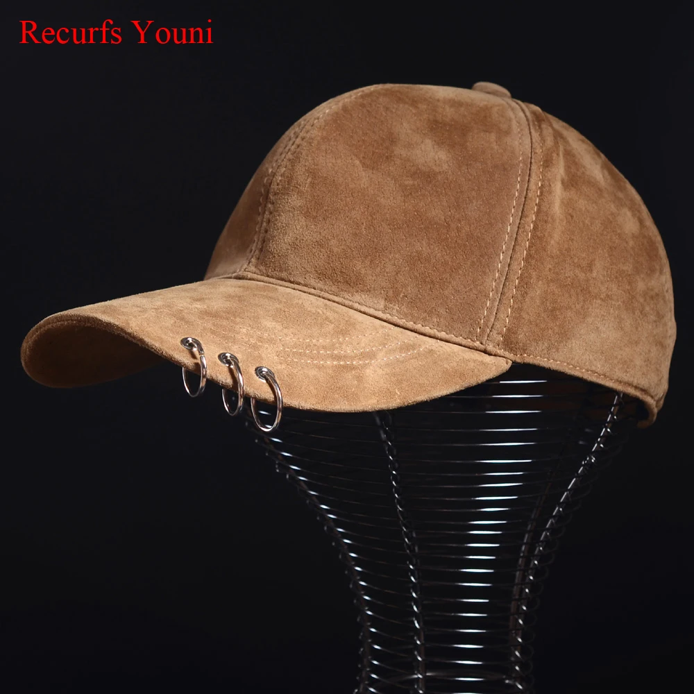 

NEW 2019 Men Spring Unisex Genuine Leather Suede Hip Pop Baseball Caps With Ring Women Sweetwear Fashion Fleece Grey Hats