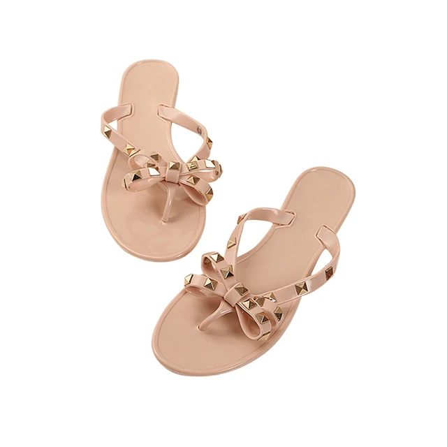 Hot Fashion Women Sandals Flat Jelly Shoes Bow V Flip Flops Stud Beach  Shoes Summer Rivets Slippers Thong Sandals Nude - Women's Sandals -  AliExpress