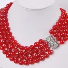 Благородство Lucky Для женщин Очаровательная! 4 ряда 6 мм красный камень круглый бисер Gem* камень Цепочки и ожерелья AAA серебро крючок серебро-ювелирные изделия