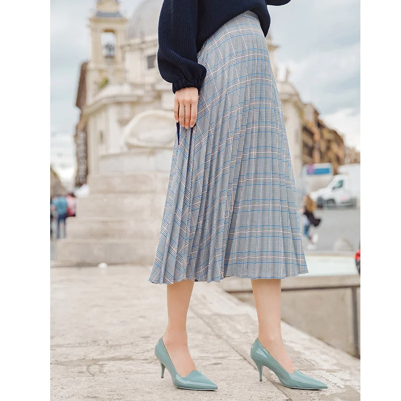 

INMAN Autumn Natural Waist Retro Style A Line Plaid Women Long Skirt