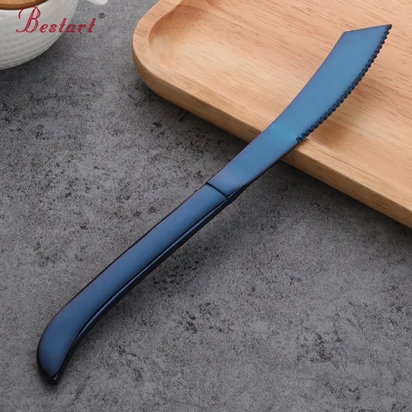 7PCS Rainbow Colorful Steak Knife Sharp Set Polished Stainless Steel Kitchen Dinnerware Restaurant Cutlery Western Food Knife - Цвет: blue7