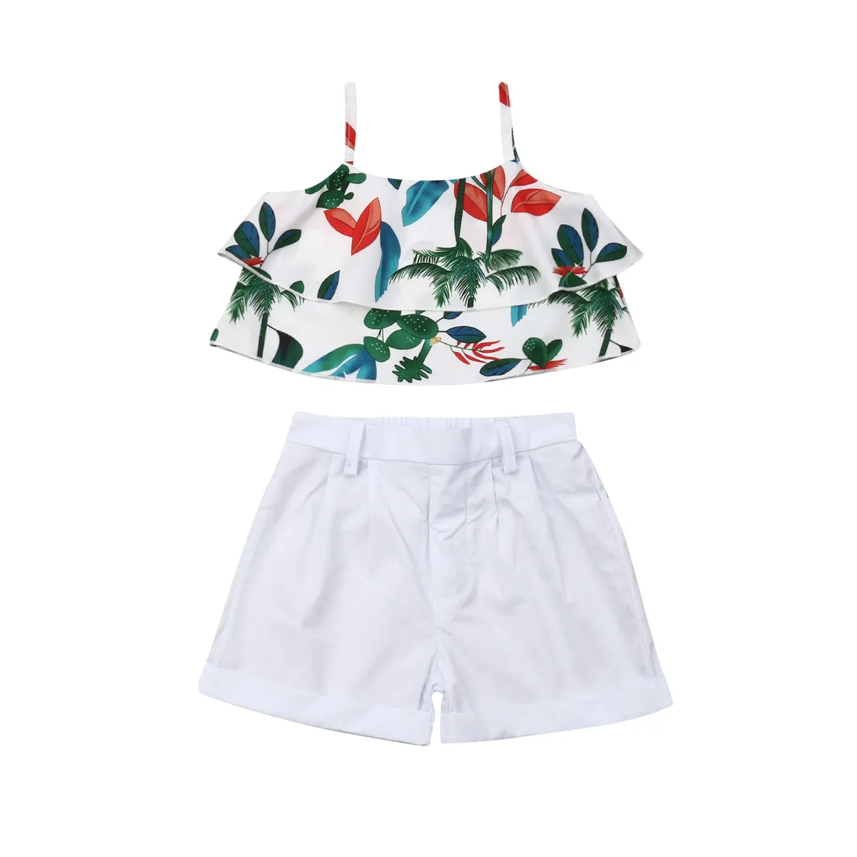 Г., Летний милый комплект одежды для маленьких девочек, без рукавов с открытыми плечами, топы с рюшами и листьями, шорты костюм из 2 предметов