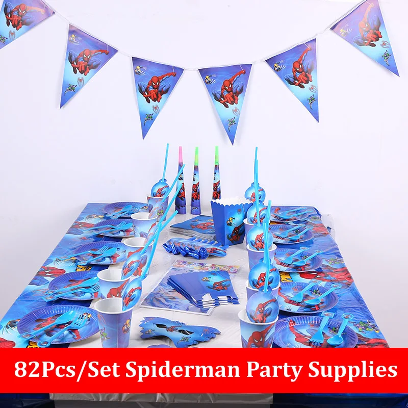 

82pcs Spiderman Birthday Party Supplies Disposable Plate/Cup/Tablecloth/Fork/spoon napkin Baby Shower Decoration kids Favors