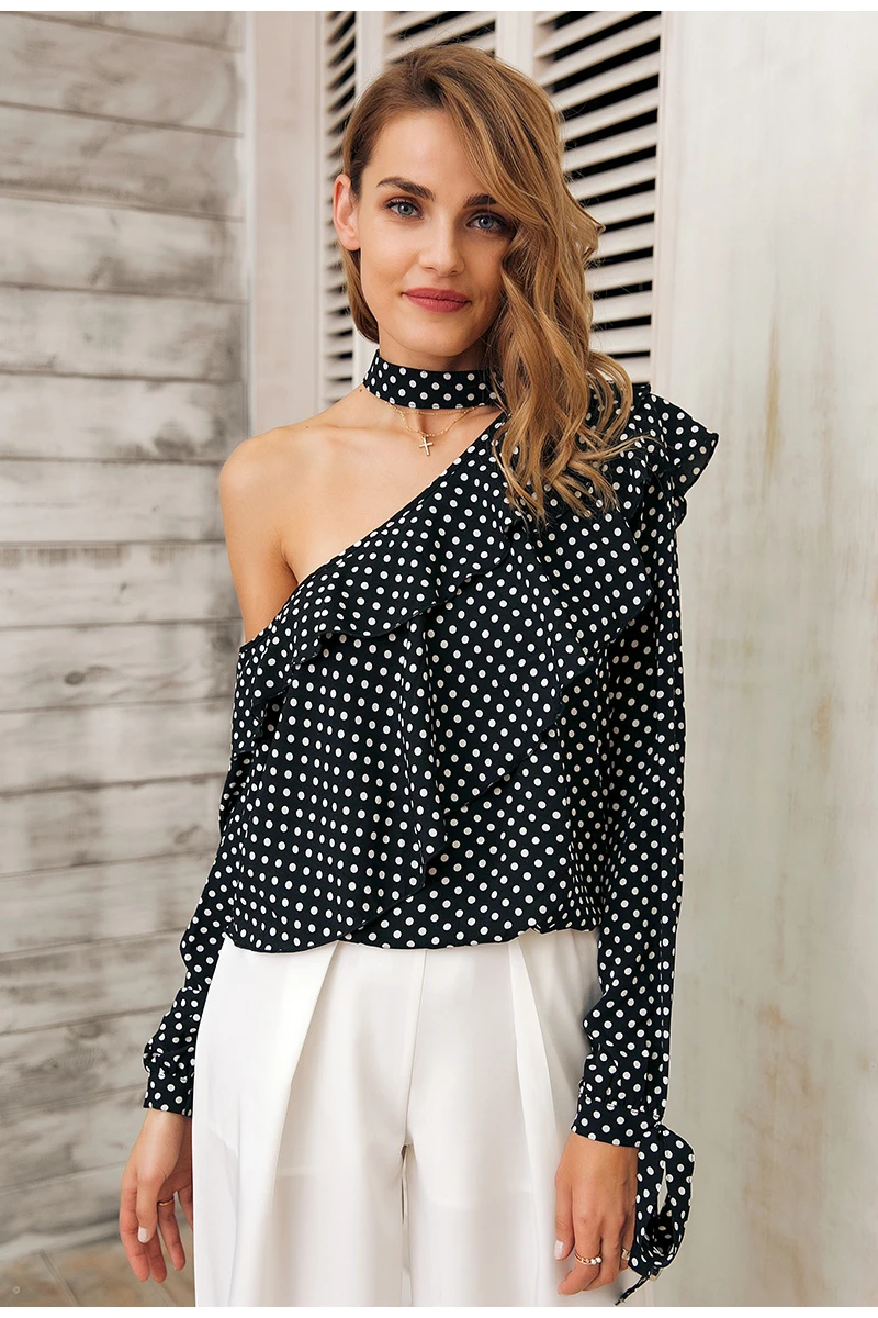 Vintage One Shoulder Polka Dot Ruffle Lantern Sleeve Chiffon Blouse Shirt in Blouses & Shirts