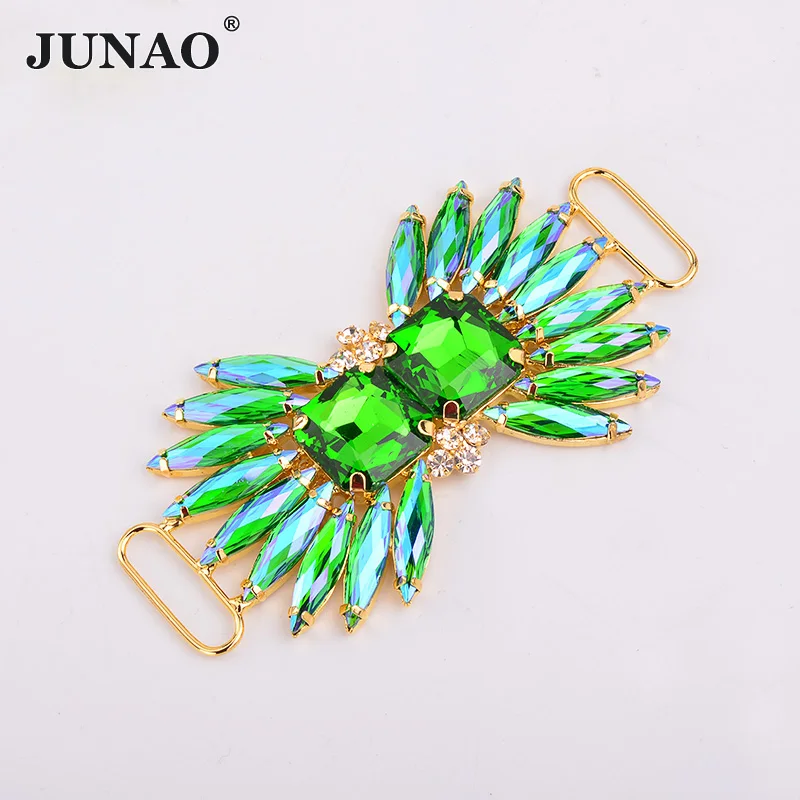 JUNAO 52*100 мм Швейные красные AB стеклянные стразы, пряжки, Соединительные элементы для бикини, красочные кристаллы, аппликация, металлическая отделка, изделия для одежды - Цвет: Green AB