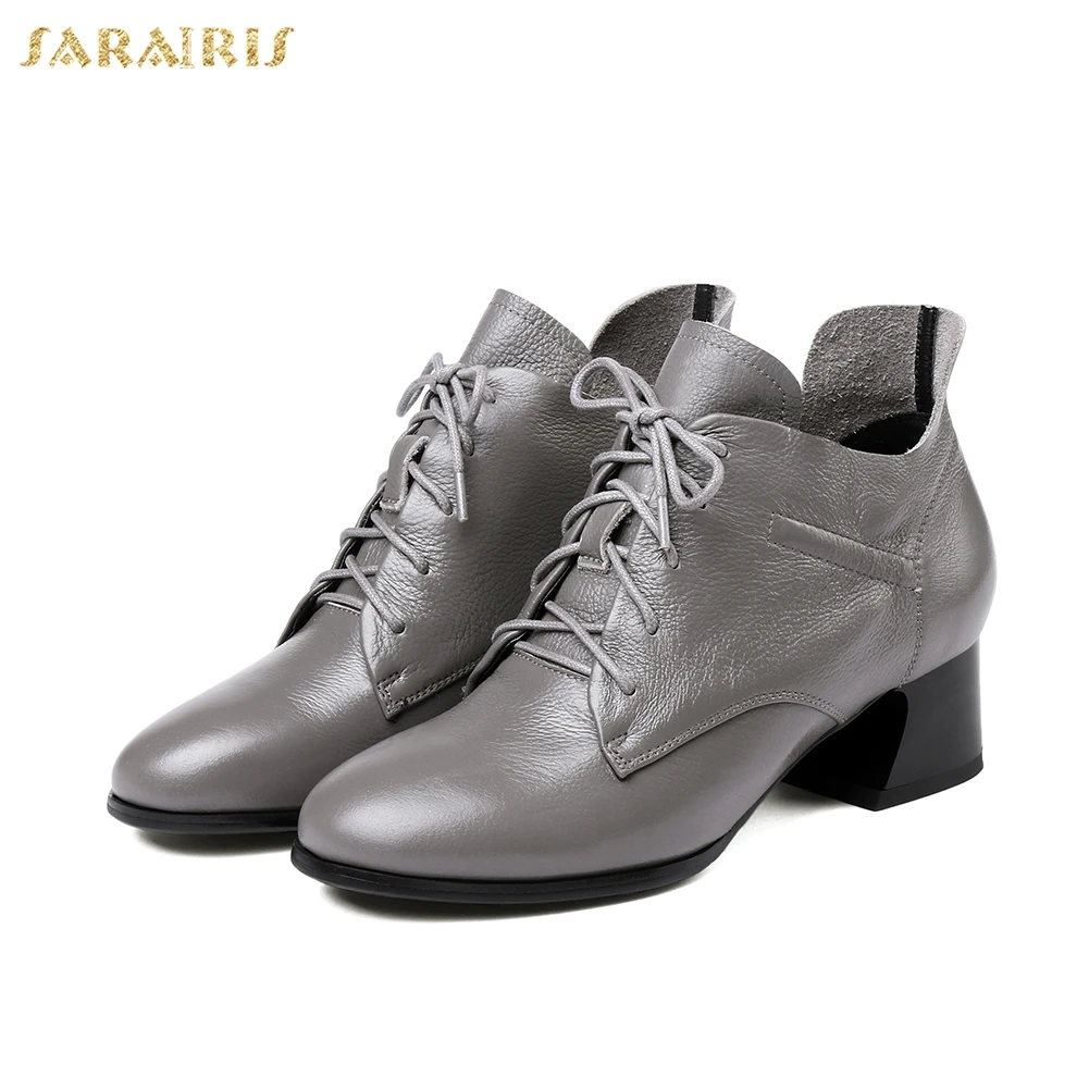 

SARAIRIS New Hot sale hoof Heels Genuine Leather Boots Women Shoes fashion design lace up elegan office Shoes Ankle Boots