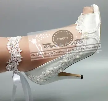 

European style high quality white lace satin wedding pumps shoes bride HS297 peep toes sexy summer pearls ribbons bridal shoe