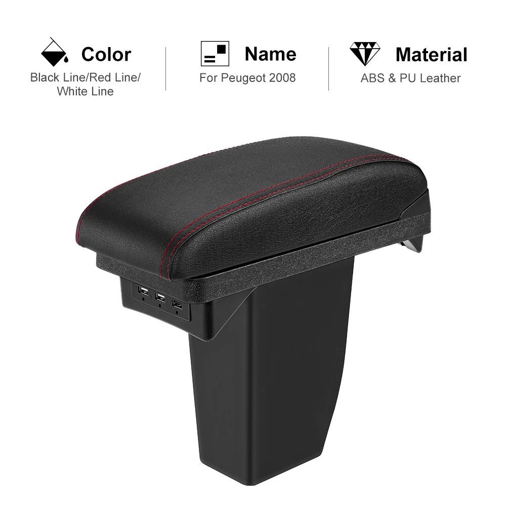 

USB Car Armrest Box For Peugeot 2008 Double Layer PU Leather Central Container Storage Box Car Styling Accessories