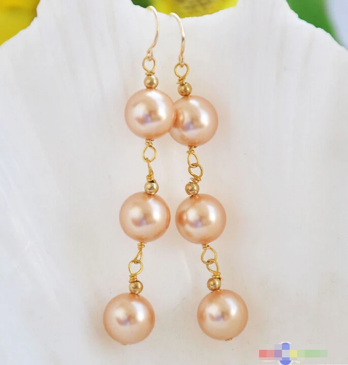 

00 FREE SHIPPING d** P5121 10MM champagne round south sea shell pearl DANGLE EARRING