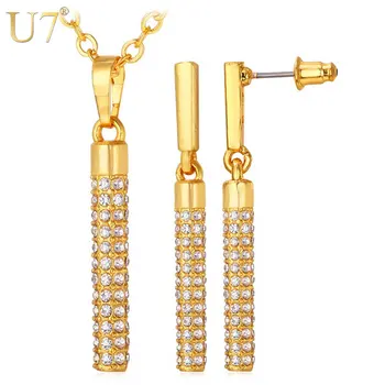

U7 Wedding Necklace And Earrings Set Crystal For Women Party Silver/Gold Color Cylinder Jewelry Sets Wholesale S634